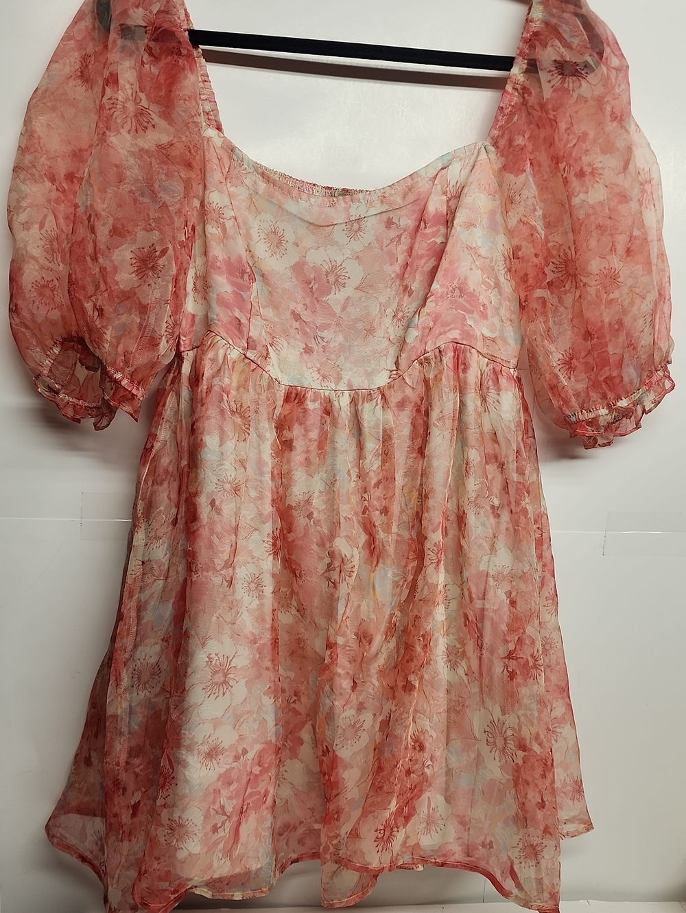 Audrey Parks Francescas Sheer Floral Puff Sleeve Blouse in Peach Pink Gardencore